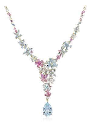 Nina Zhou Symphony Aquamarine Pink Sapphire Statement Necklace in 14k Yellow Gold