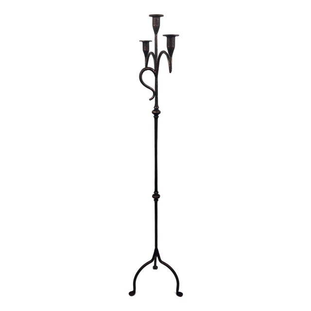 Hand Forged Iron Floor Candelabra 50.5″ (128cm) Antique Copper Patina 3-Arm Tall & Slim Candle Holder Rustic Decor For Sale