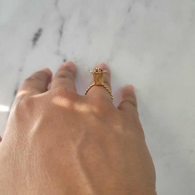 Tall Ruby Tulip Ring 14k Yellow Gold, Size 8.5 For Sale - Image 4 of 5