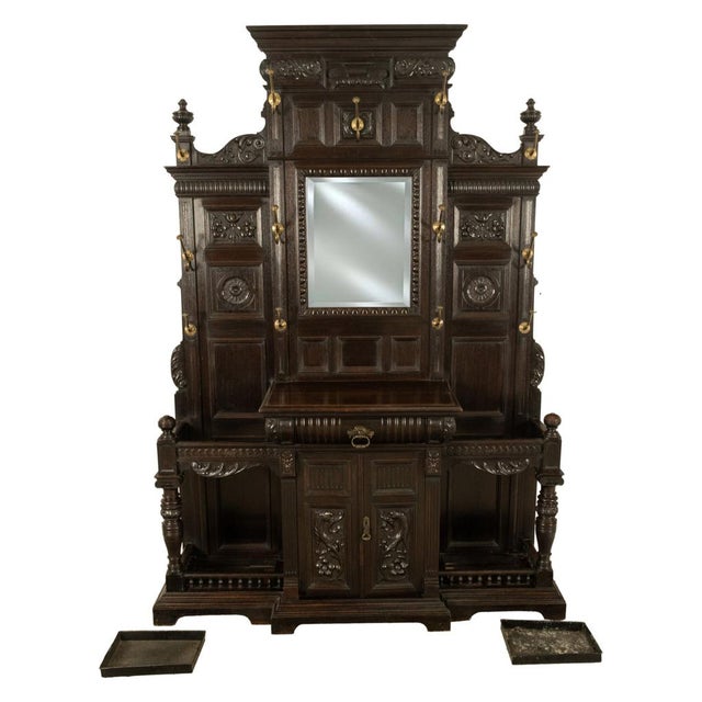 Late 19th Century Antique Monumental Renaissance Revival Carved Oak Hall Tree Stand Mirror 1890 For Sale - Image 5 of 14