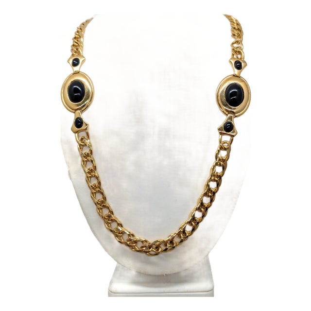 Vintage 1988 Signed Napier Goldtone Cabochon Faux-Onyx Sautoir Necklace For Sale