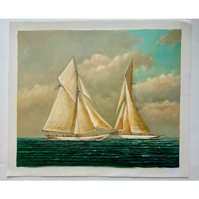 Original oil on canvas by D. Tayler. Beautiful maritime painting depicting two schooners racing yachts sailing side by...