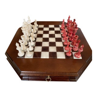 Italfama Italian Alabaster Octagonal Chess Board With Drawer & 4.25" Wellington Special Edition Pieces (Includes Original 2017 Receipts & Coa) For Sale
