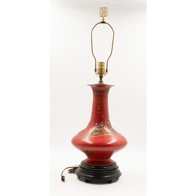 1960s Cinnabar Red Chinoiserie Table Lamps With Brass Fretwork Finials - a Pair For Sale - Image 14 of 16