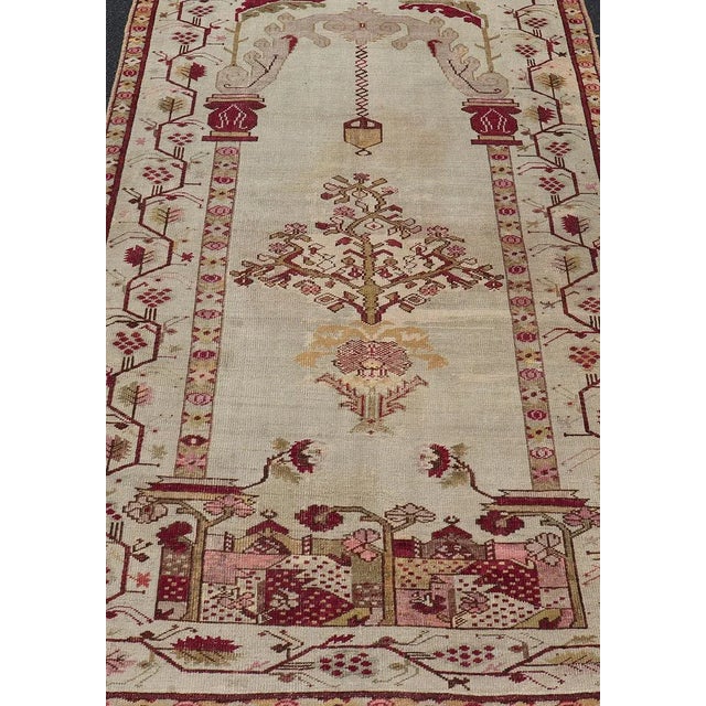Textile Early 20th Century Color Antique Oushak Rug With Columns, Chandelier & Vase Design For Sale - Image 7 of 13