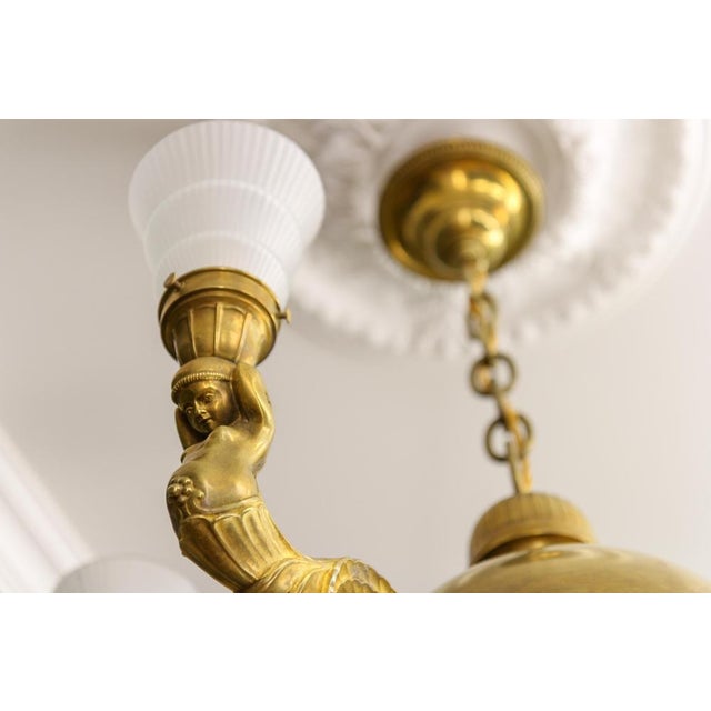 Metal Art Deco Bronze and Frosted Glass Chandelier, 1920 For Sale - Image 7 of 18