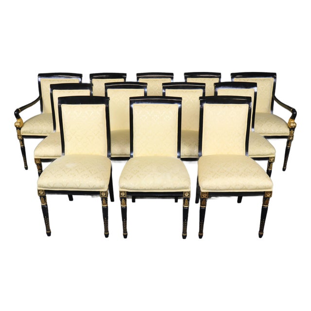Set 12 Louis XVI Style Ebonized and Gilt Dining Chairs For Sale