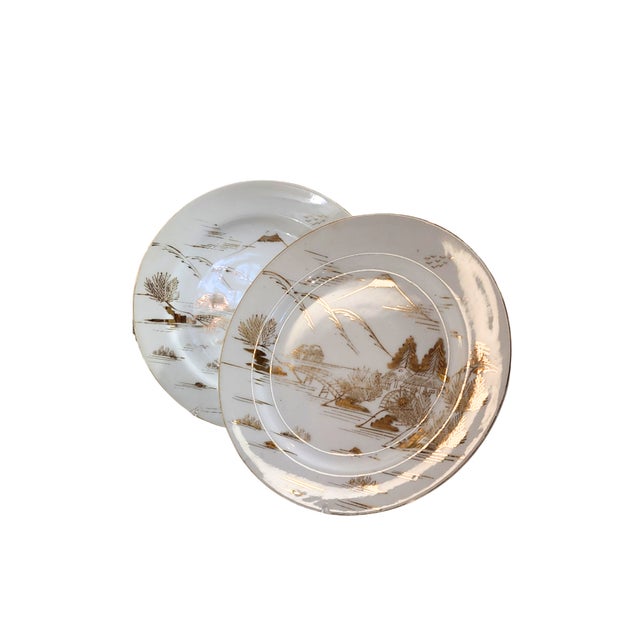 Vintage Kutani Mt. Fuji Plates – Hand-Painted Gold & White Porcelain – Japan Minimalism - 4 Available For Sale - Image 4 of 5