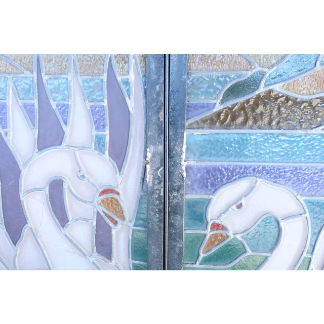 Antique Stained Glass Two-Panel Swan Lake Scene in Metal Frame With Hanging Hardware For Sale In Portland, OR - Image 6 of 8