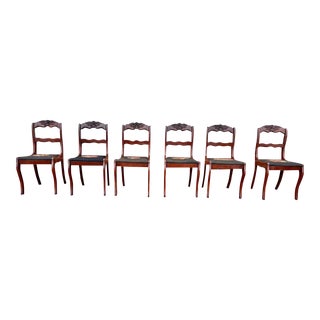 Vintage Federal Style Mahogany Carved Rose Back Needlepoint Seat Dining Chairs, Circa 1940s - Set of 6 For Sale