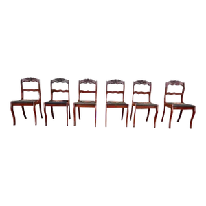 Vintage Federal Style Mahogany Carved Rose Back Needlepoint Seat Dining Chairs, Circa 1940s - Set of 6