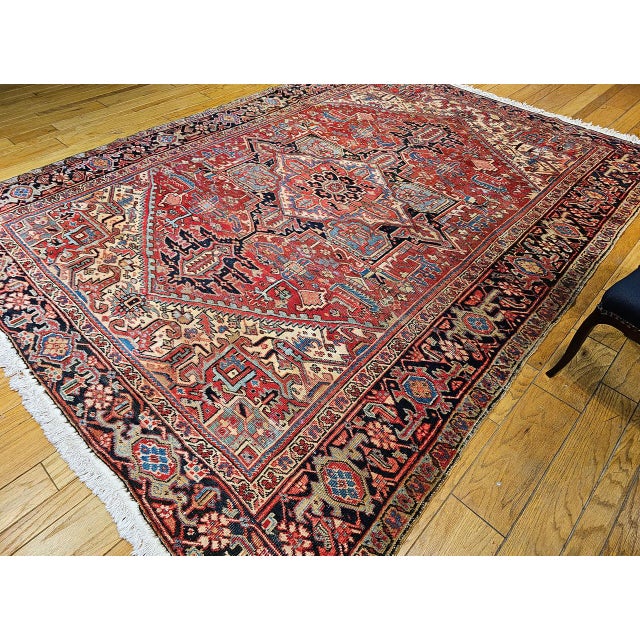 19th Century Heriz Serapi Rug, Hand-Knotted Wool, Geometric Pattern, Red & Green Vegetable Dyes, 9x12 For Sale - Image 12 of 13