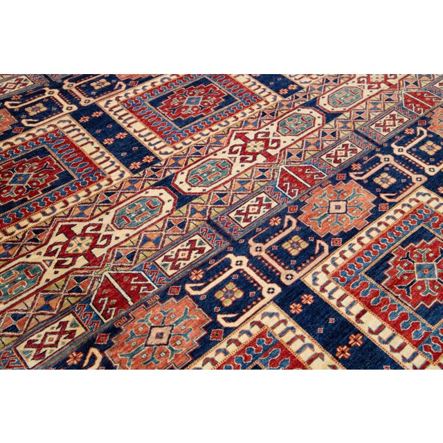 Modern Kazak Handmade Wool Rug in Blue and Red With Allover Design For Sale - Image 9 of 9