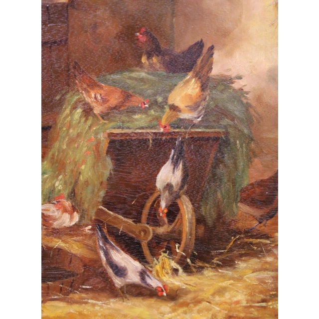 Tan 19th C. French Oil on Canvas Chicken Painting in Gilt Frame Signed H. Forestier For Sale - Image 8 of 12