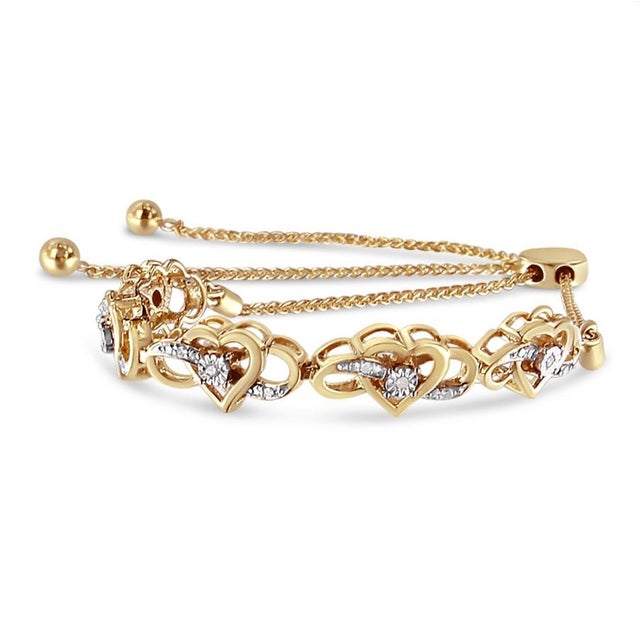 Contemporary 14K Yellow Gold Plated .925 Sterling Silver 1/10 Cttw Diamond Infinity Heart Shaped 4”-10” Adjustable Bolo Bracelet (H-I Color, I2-I3 Clarity) For Sale - Image 3 of 6