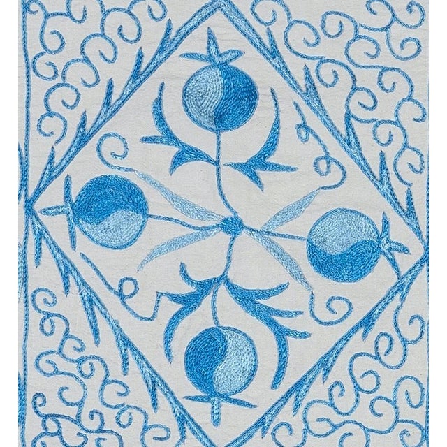 Modern Suzani Cushion Cover, Uzbek Embroidery Lace Pillow in Cream & Light Blue 16"x18" For Sale - Image 3 of 5