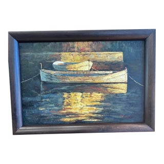 Vintage Impasto Harbor Scene Oil Painting – “Black” – Framed Nautical Composition For Sale