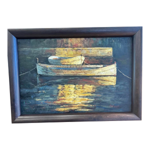 Vintage Impasto Harbor Scene Oil Painting – “Black” – Framed Nautical Composition