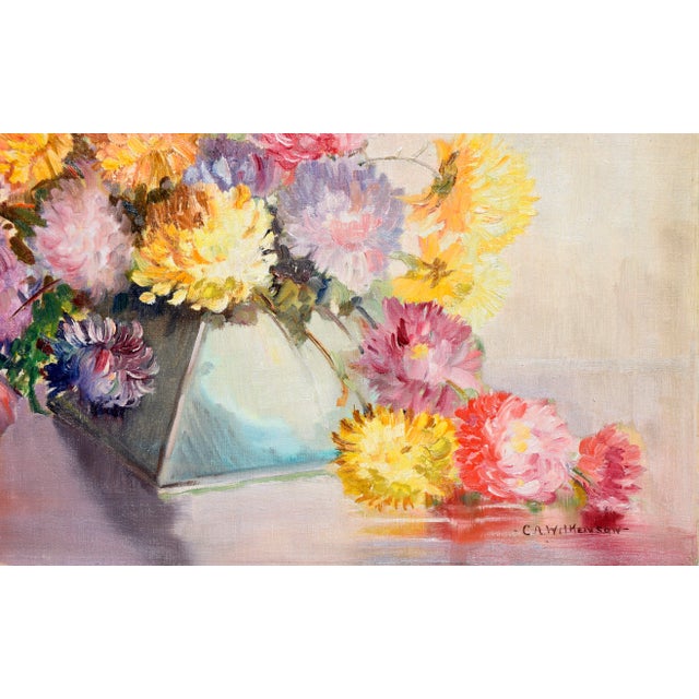Mid Century Chrysanthemums in Deco Vase Still-Life by c.a. Wilkenson For Sale - Image 4 of 5