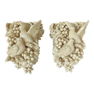 Pair Ornate Ivory Bird Berries Foliage Curtain Draperies Rod Pole Holders For Sale