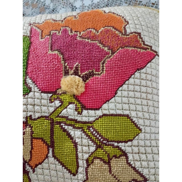 Vintage Handmade Needlepoint Pillow Wool Back to Velvet Floral For Sale - Image 10 of 12