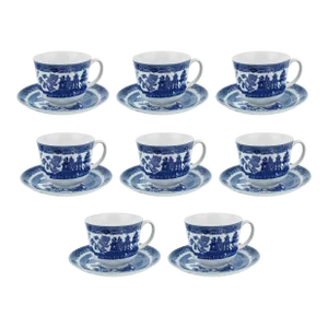 Late 20th Century Blue Willow Design Cups and Saucers by Johnson Brothers - 16 Pieces