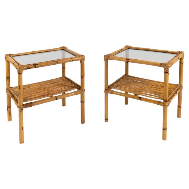 Mid-Century Side Tables in Rattan, Bamboo and Smoked Glass, Italy, 1970s, Set of 2 For Sale - Image 12 of 13