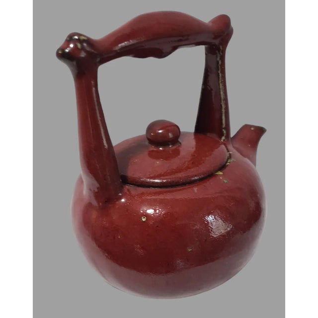 Vintage Asian Red Glazed Earthenware Tea Pot & 2 Cups For Sale - Image 9 of 12
