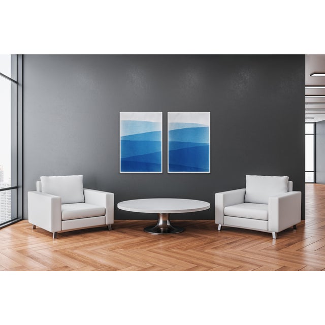 2020s 2025, Minimal Landscape of Blue Mountain Ridge, Handmade Monotype Cyanotype on Watercolor Paper by Kind of Cyan - Set of 2 For Sale - Image 5 of 10