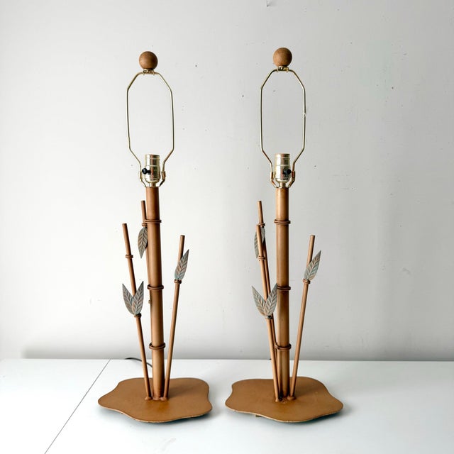 Late 20th Century Bamboo Tole Table Lamps With Pagoda; A Pair For Sale - Image 9 of 10