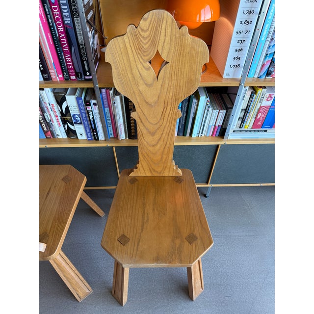 Vintage Mid-Century Alpine French Brutalist Carved Oak Side Chairs Pair Wabi Sabi Style For Sale - Image 15 of 18