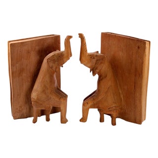Mid-Century Modern Carved Sycamore Anthropomorphic Elephant Bookends, 1950s, Set of 2 For Sale