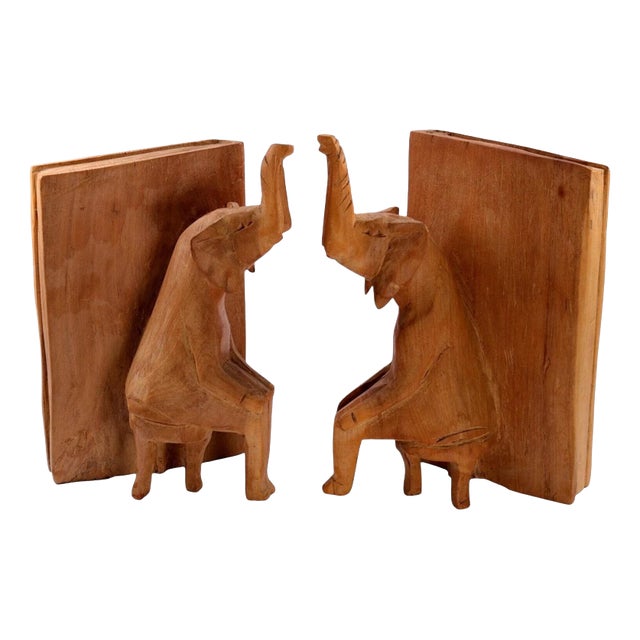 Mid-Century Modern Carved Sycamore Anthropomorphic Elephant Bookends, 1950s, Set of 2 For Sale