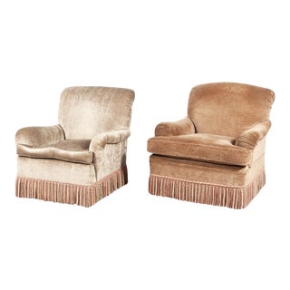 An Almost Pair of Brown Linen Velvet Swivel Club Chairs For Sale