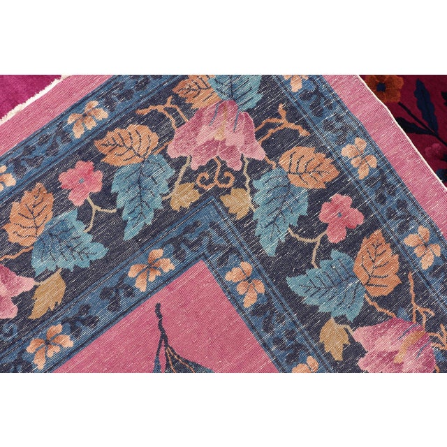 Magenta Background Chinese Art Deco Rug With Large Vining Flowers and Leaves 12'0 X 14'8 For Sale - Image 12 of 12