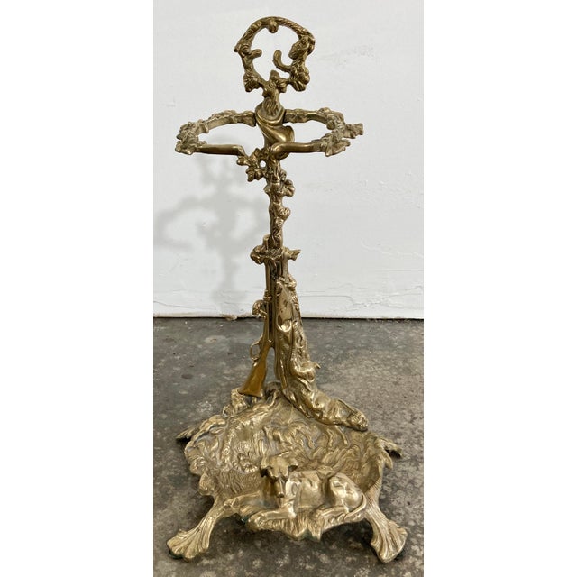 Antique Art Nouveau Style Brass Fireplace Tools on French Hunting Motif Stand For Sale In Kansas City - Image 6 of 14