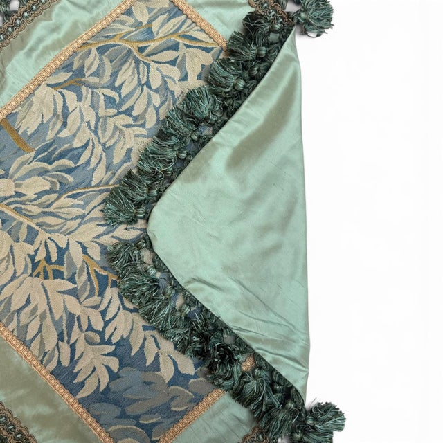 1920s Antique Silk Tapestry Cushion Cover With Tassel Fringe, Blue & Ivory Floral, 23"x23" For Sale - Image 5 of 5
