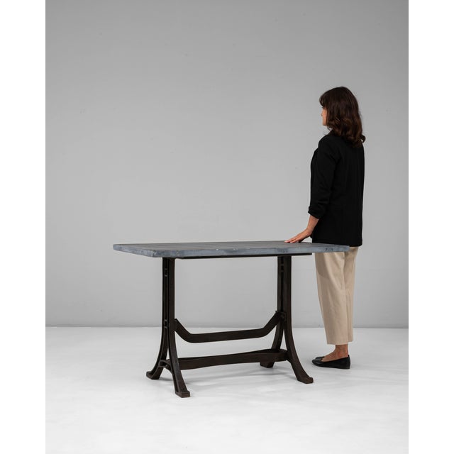 Metal Industrial Table with Wrought Iron Legs and Stone Top, Antique, France, 20th Century For Sale - Image 7 of 11