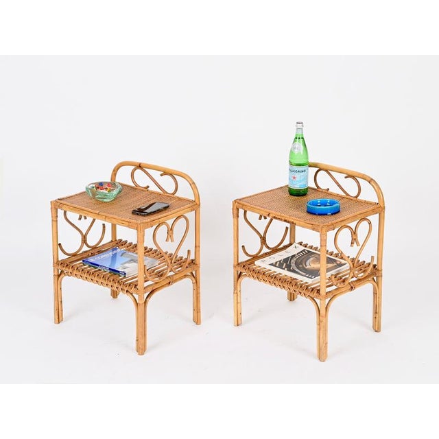 Stunning pair of French Riviera style nightstands, fully made of bamboo, rattan, and hand-woven wicker. These unique...
