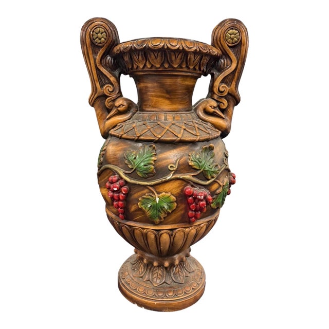 Mid 20th Century Large Neoclassical Swan-Handled Grape Urn / Pedestal Floor Vase, 28” For Sale