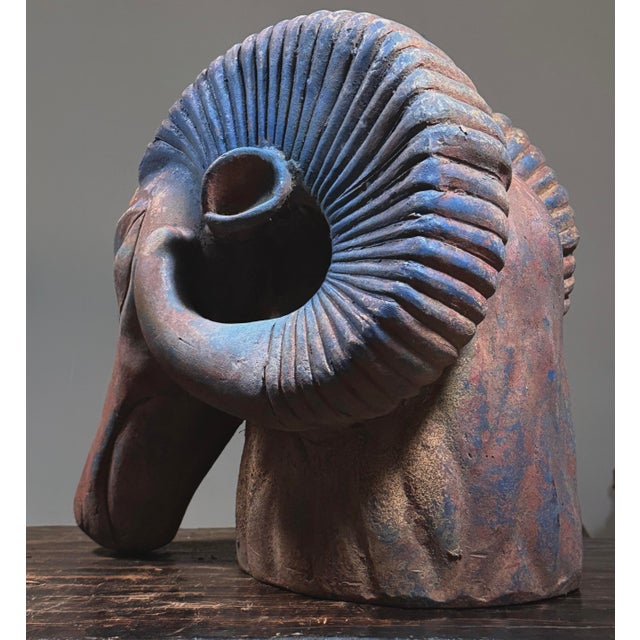 Ceramic Vintage Monumental Modernist Raku Fired Ceramic Ram’s Head For Sale - Image 7 of 12