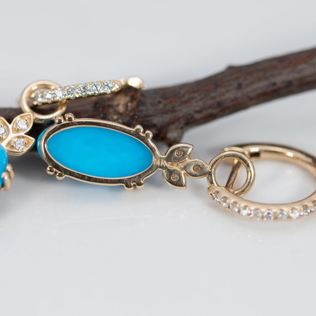 Metal Convertible Sleeping Beauty Turquoise & Diamond Earrings: Solid 14k Gold, 12x6mm, Pair For Sale - Image 7 of 7