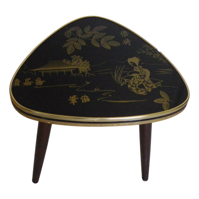 Tripod Side Table with Japanese-Inspired Decor, 1960s For Sale