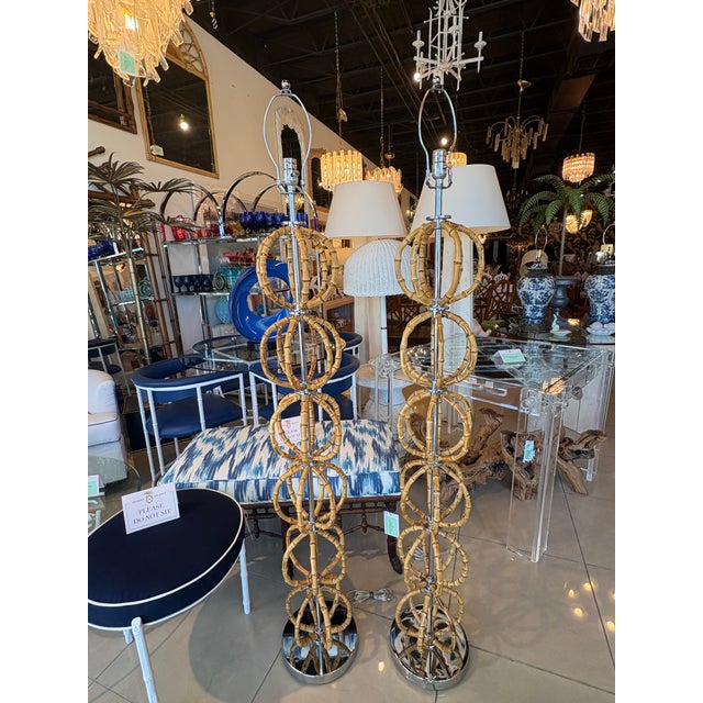 1970s Vintage Modern Italian Bamboo & Chrome Floor Lamps Newly Wired - Pair For Sale - Image 5 of 13