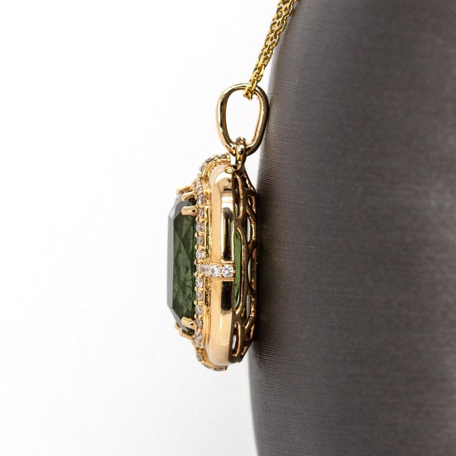 2020s 5.6cts Chrome Tourmaline Pendant With Natural Diamond Halo in Solid 14k Gold For Sale - Image 5 of 7