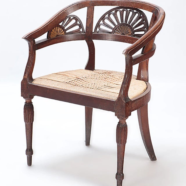 Wood Italian Walnut Open Arm Chairs With Cord Seats and Cut Out Design. Circa 1800. A Pair For Sale - Image 7 of 11
