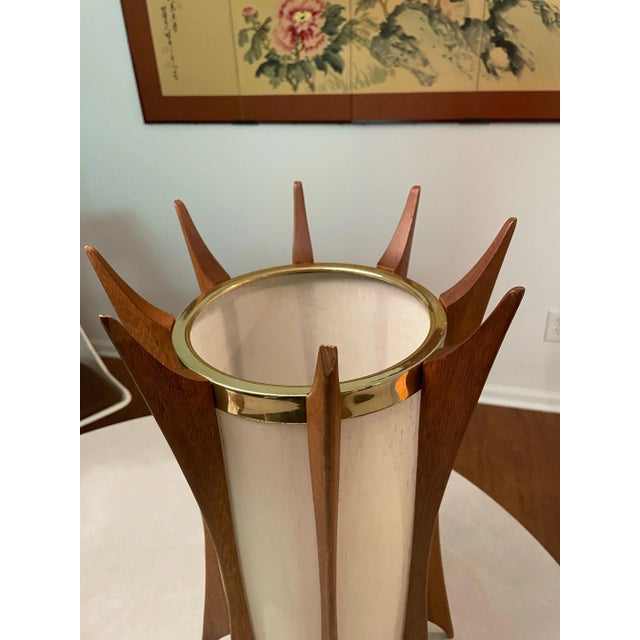 Mid-Century Modern Teak & Brass Swag Pendant Lamp in the Style of Adrian Pearsall For Sale In New York - Image 6 of 13