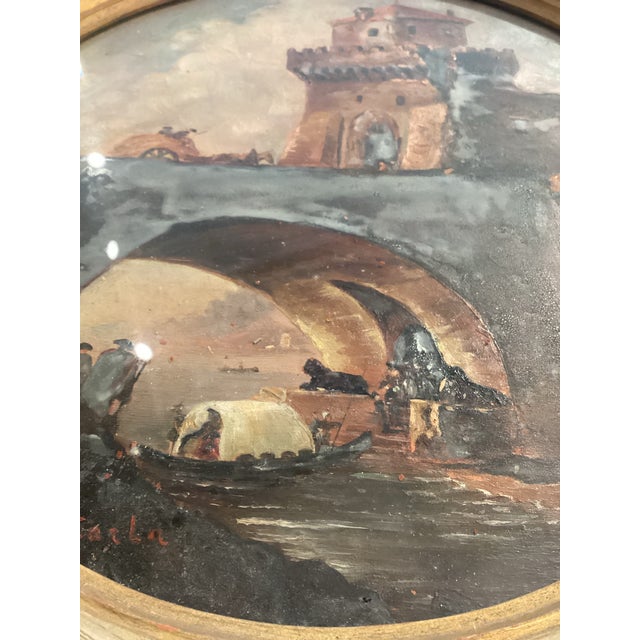 19th Century Oil Painting on Board, Round Landscape - Bridge & Tower, Signed ‘Carla’ For Sale In Baltimore - Image 6 of 7