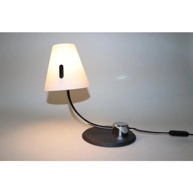 Mid-Century Modern Italian Table Lamp Murano White Glass Shade Satin Finish with Chrome Details and Black Metal Base. Made...