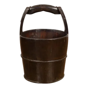 1900s Qing Southern Chinese Wooden Bucket with Large Handle and Metal Accents